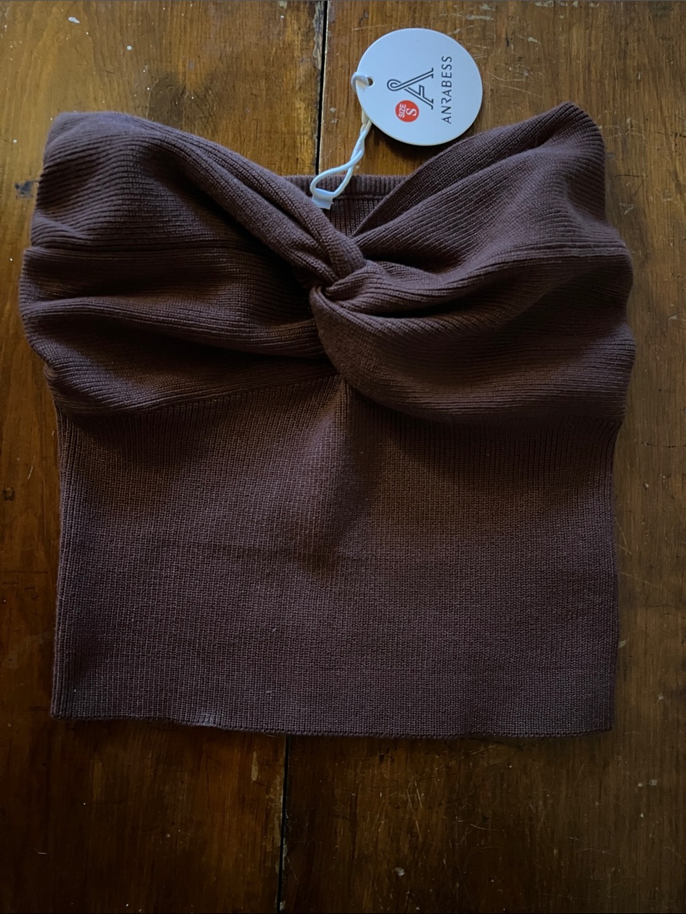ANRABESS Twist Front Strapless Knit Top - Chocolate Brown
